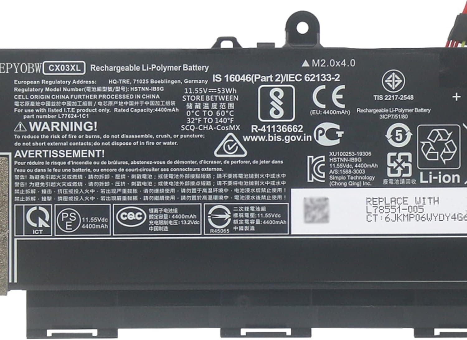 Laptop Battery CX03XL HP Elitebook x360 830 G7 53Wh 3-Cell Elitebook x360 830 G8 Series HSTNN-IB9G HSTNN-LB8R L77624-422 L77624-421 L77624-1C1 L78551-005 CXO3XL CX03053X